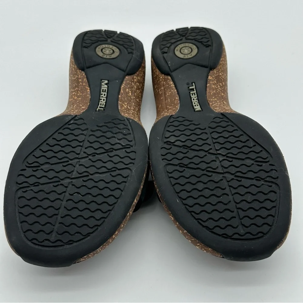 Merrell Sundial Black Leather Slide Cork Wedge Sandals